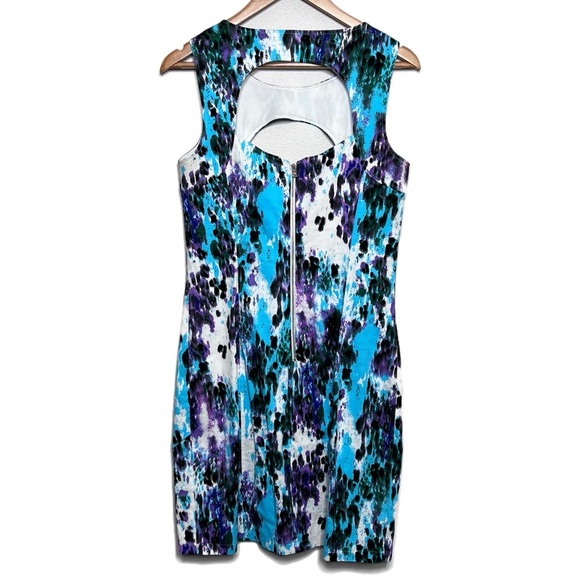 GUESS Women's Shift Peekaboo Neckline Turquoise Multicolor Paint Splatter Dress - Picture 7 of 16